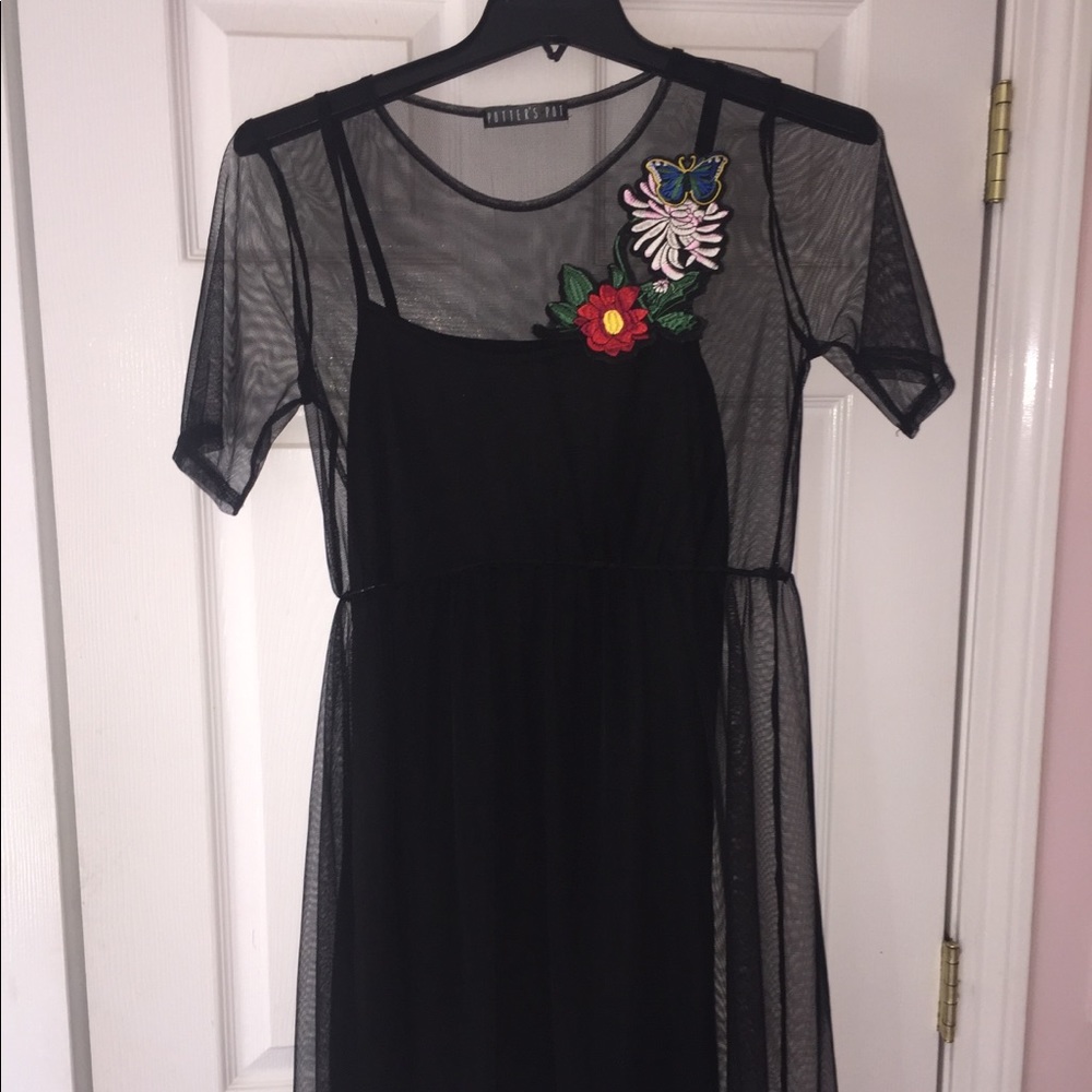 Mesh dress over Black Slip Dress